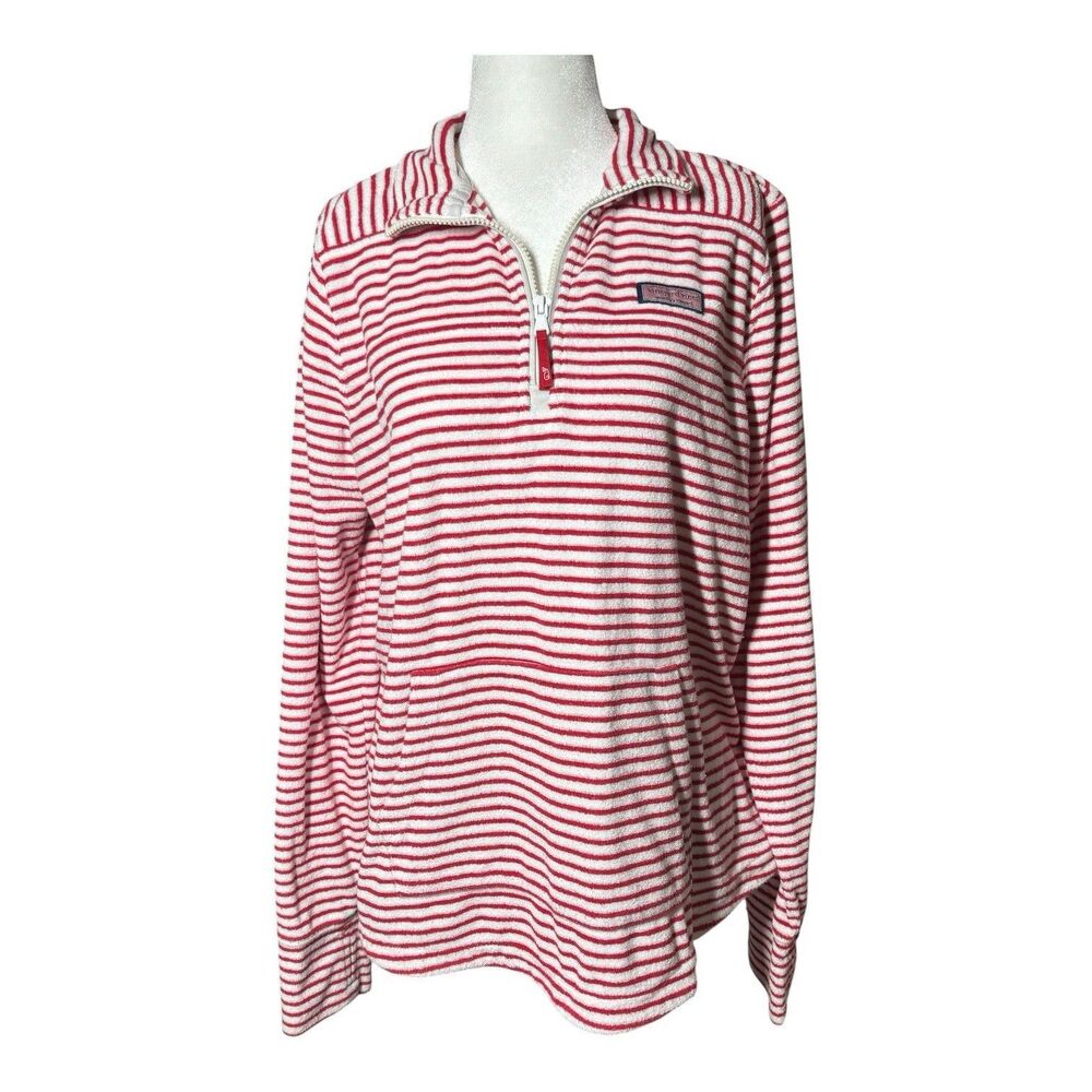 Vineyard Vines Red/White Striped Terry Towel 1/4 Zip Relaxed Shep Pullover M